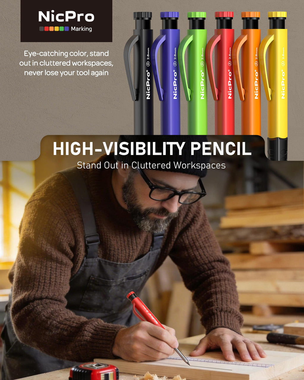 Nicpro 6 Pack Upgraded 3-IN-1 Carpenter Pencil Set with Finger Grip, Construction Pencils with 54 Refill & Mini Spirit Level, Deep Hole Carpenter Tool, Mechanical Carpenter Pencil for Woodworking