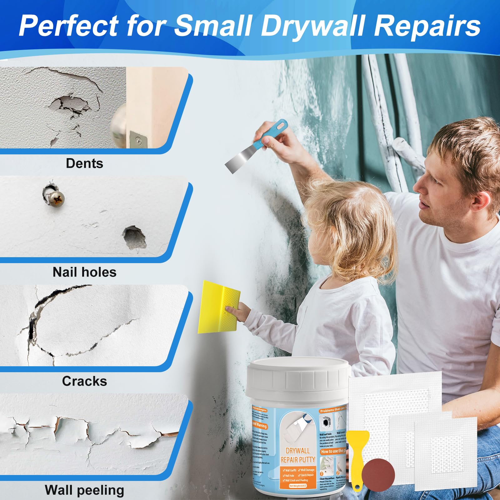 Drywall Repair Kit, Drywall Patch Repair Kit with 8.8OZ White Repair Putty, Scraper Sandpapers Gloves for Heavy Duty Plaster Wall Repair, Easy to Fill Holes in Home Wall & Quick Repair Crack