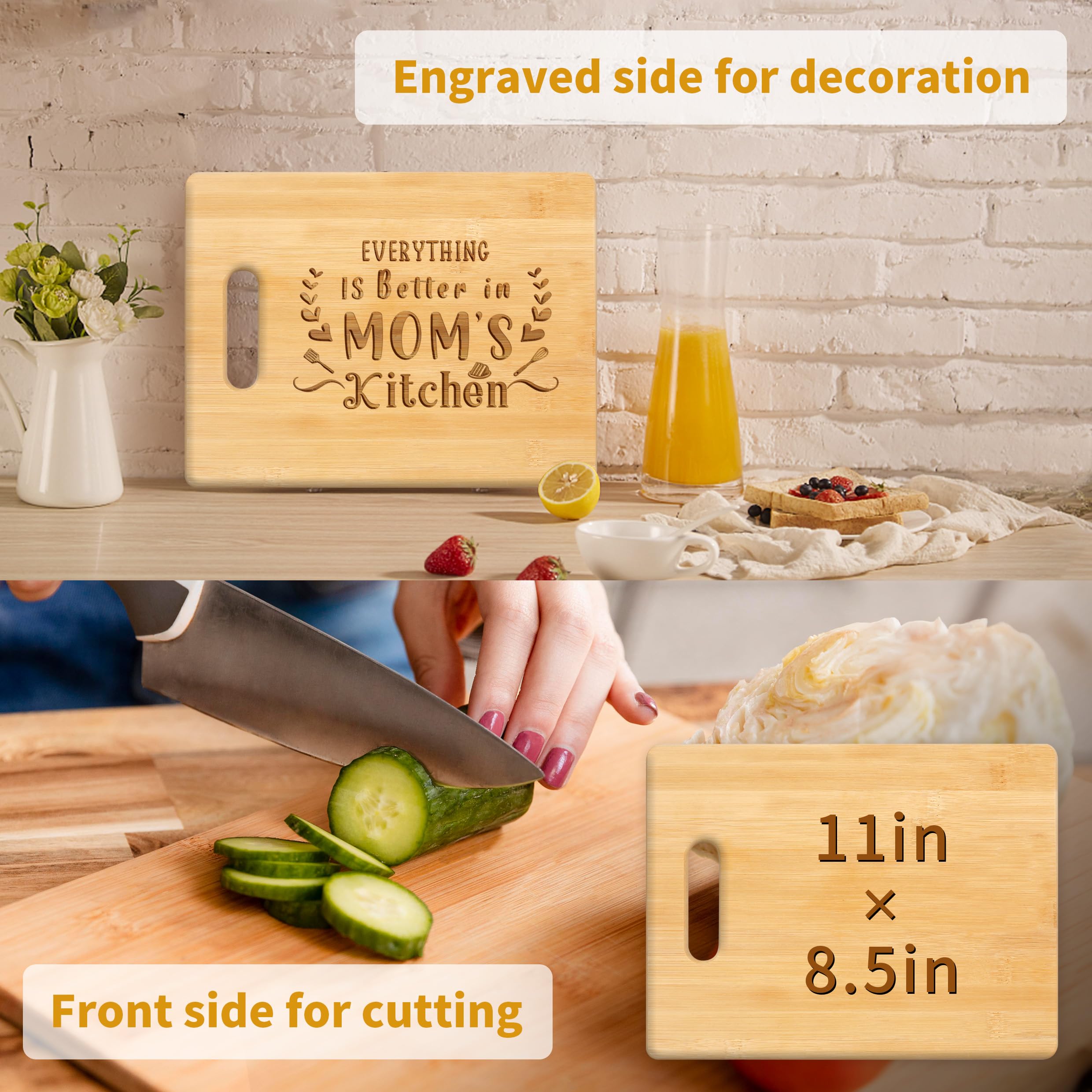 Pandasch Gifts for Mom, Mom Birthday Gifts from Daughters Son, Unique 11x8.5inch Engraved Bamboo Cutting Board for Birthday Christmas, Best Presents for Mother