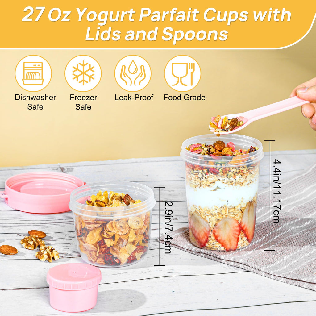 Vtopmart 4 Pack 27oz Yogurt Parfait Contianer with Spoon and Sauce Cup, Overnight Oats Containers, Reusable Crunch Cup, Food Container for Breakfast with Yogurt, Cereal, Salad or Snack