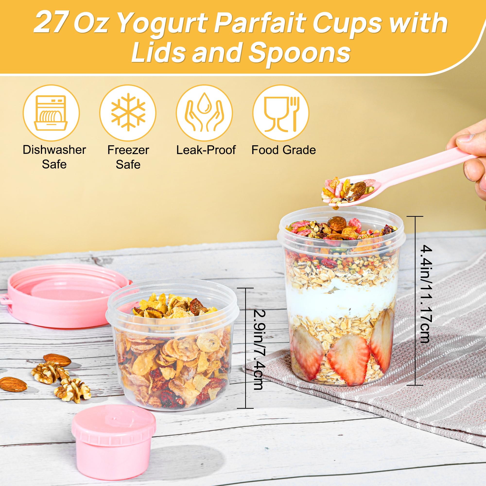 Vtopmart 4 Pack 27oz Yogurt Parfait Contianer with Spoon and Sauce Cup, Overnight Oats Containers, Reusable Crunch Cup, Food Container for Breakfast with Yogurt, Cereal, Salad or Snack