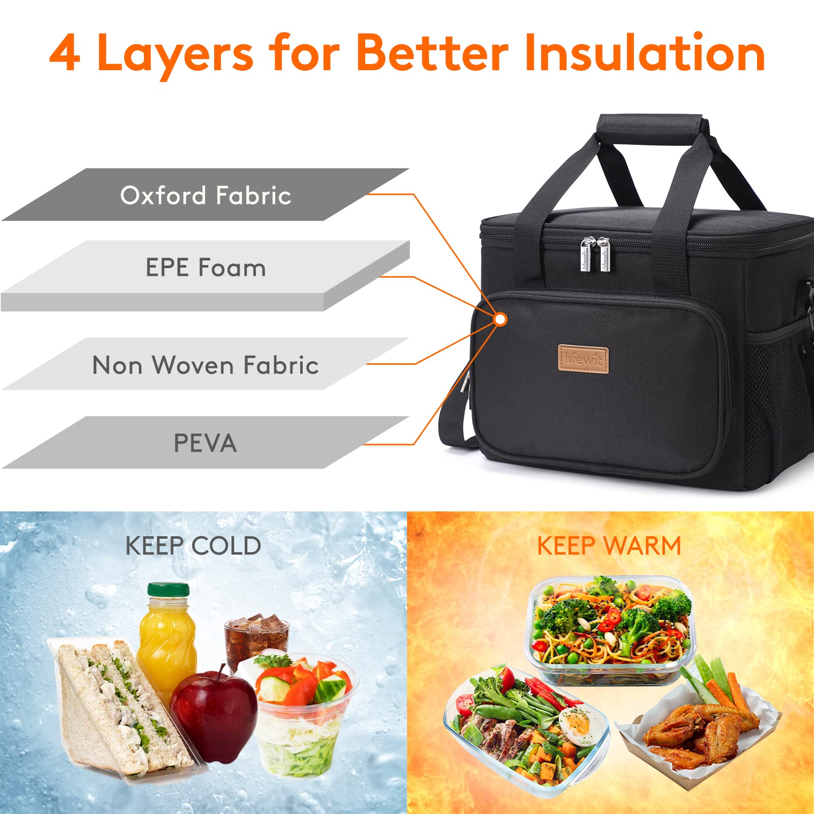 Lifewit Large Lunch Bag for Adults, 24-Can 15L Insulated Lunch Box Leakproof Soft Cooler Cooling Tote for Men Women, Waterproof Reusable Cooler Bags for Work Office Outdoor Picnic Camping, Black