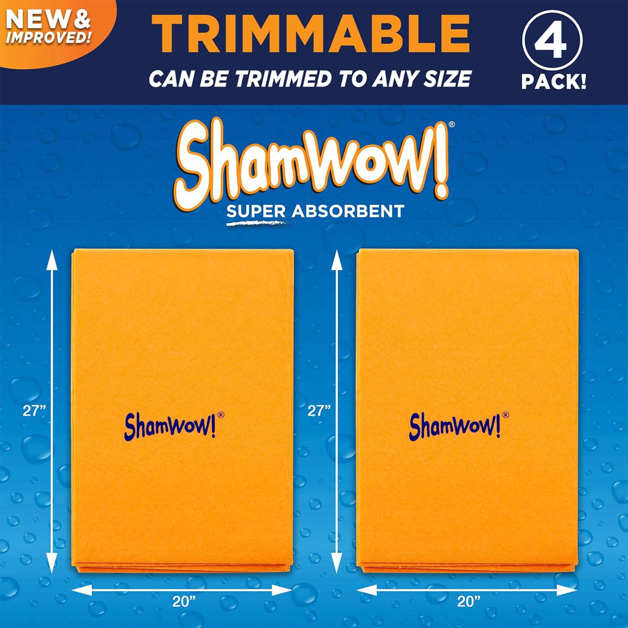 The Original Shamwow - Super Absorbent Multi-Purpose Cleaning Shammy Chamois Towel Cloth - Holds 10X its Weight in Liquid - Machine Washable - Will Not Scratch (4 Pack, 4 Large Orange)