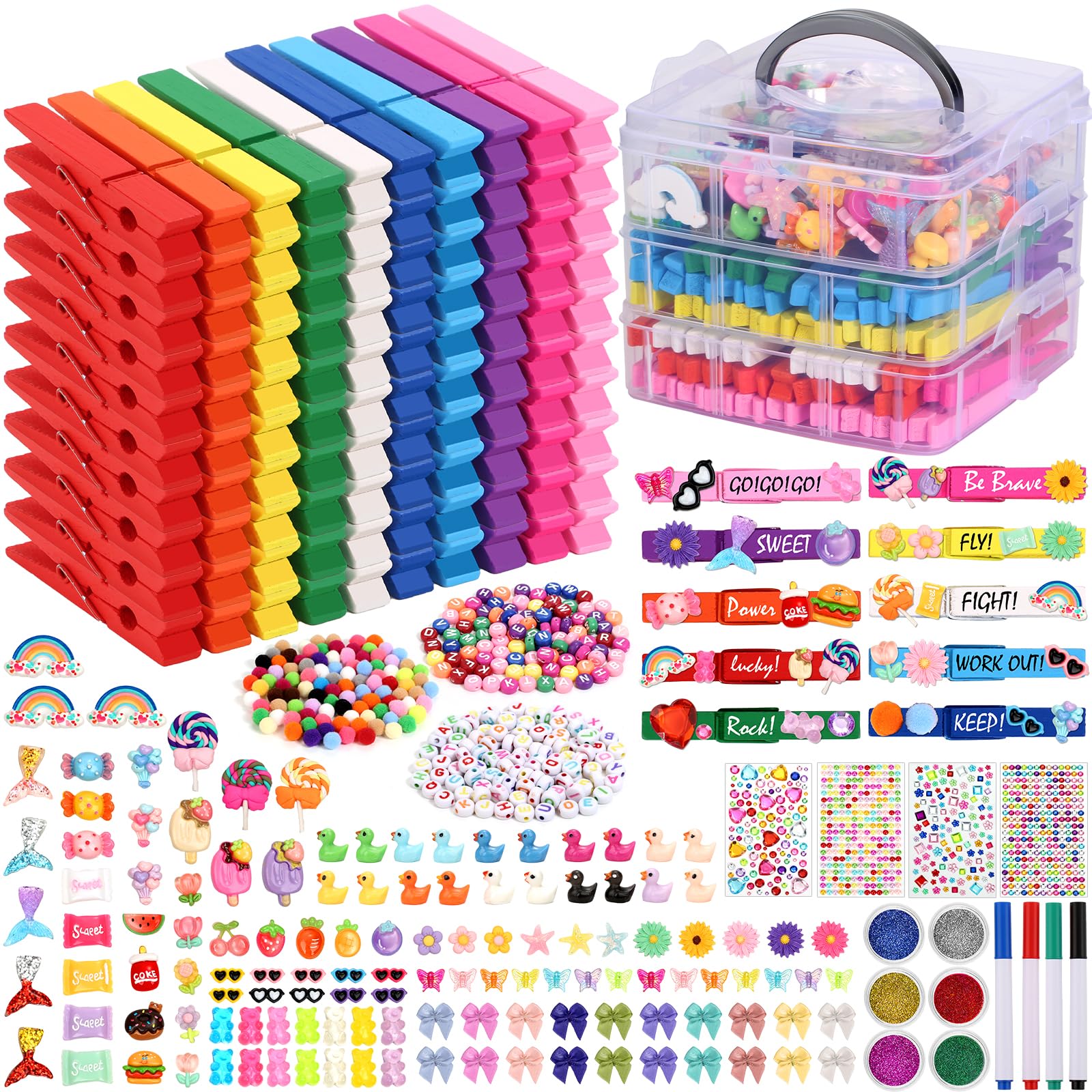 Cheer Pins Spirit Clip Set, 100 Colored Wooden Clothes Pins 340 Mini Resin Animals Ducks Letter Beads Bows Stickers Pen, Pin Decor for Cheerleading Backpack Ribbon Team Classroom Cheer Gift Bulk