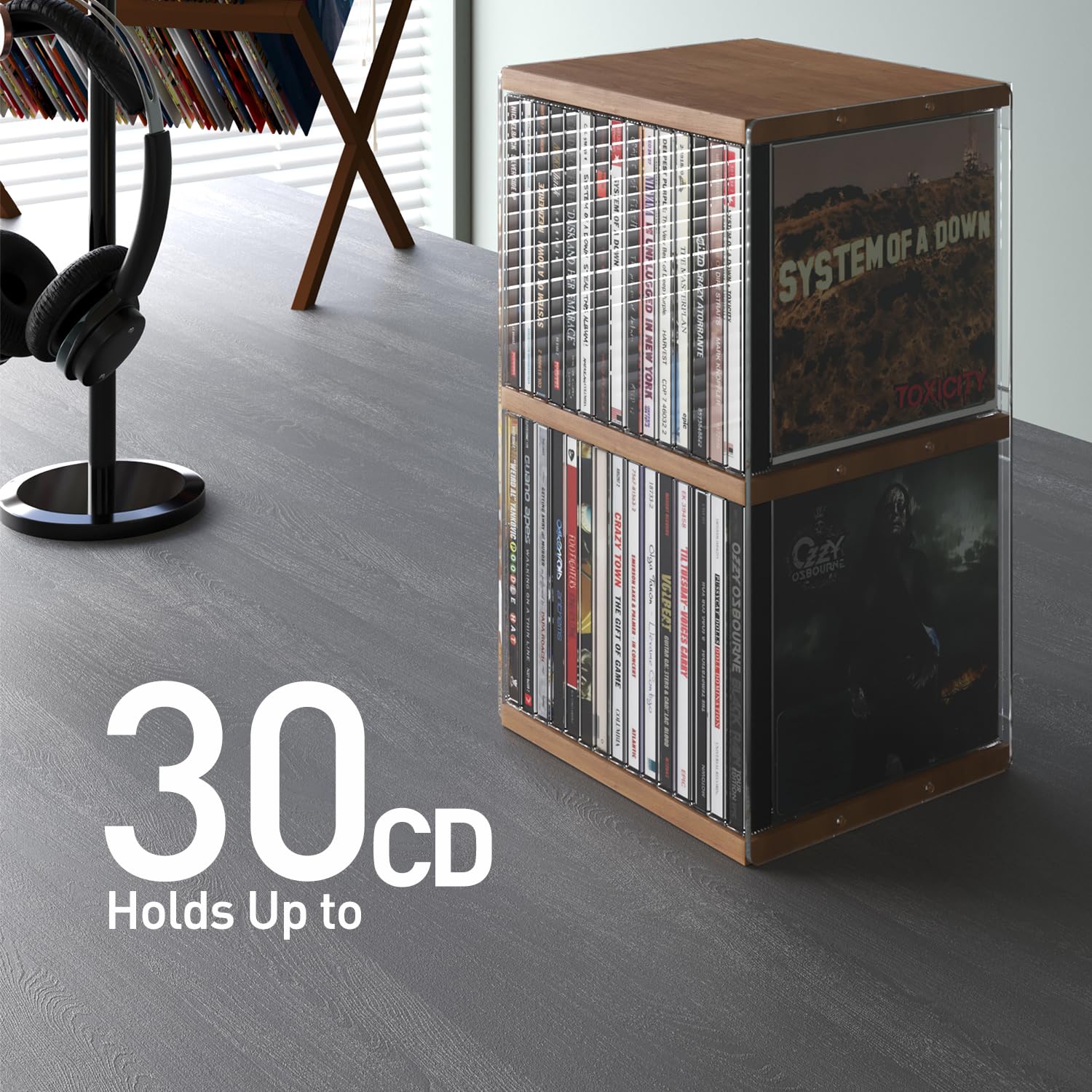 AREAJD Retro Walnut-colored MDF CD Holder Desk Rack Organizer, Cute Holds 30 CD Case, Cd Holder Stand, CD Storage/Shelf/Tower/Stand Dollar, Fit for Theatre Room