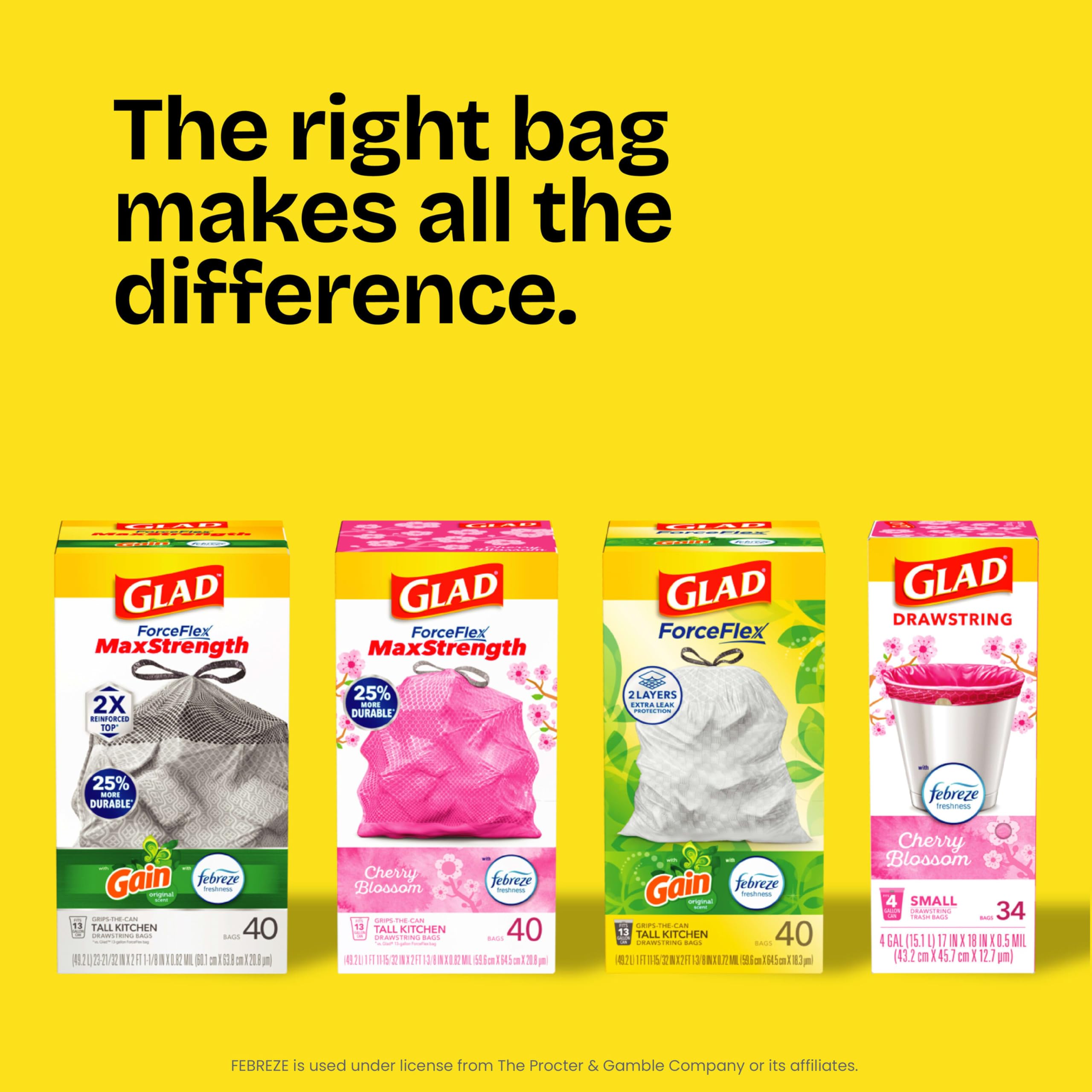 Glad CLOROX Company The 78685 ForceFlex Tall Kitchen Drawstring Bags with Gain Original Scent with Febreze Freshness, 40-Count, 13-gallons
