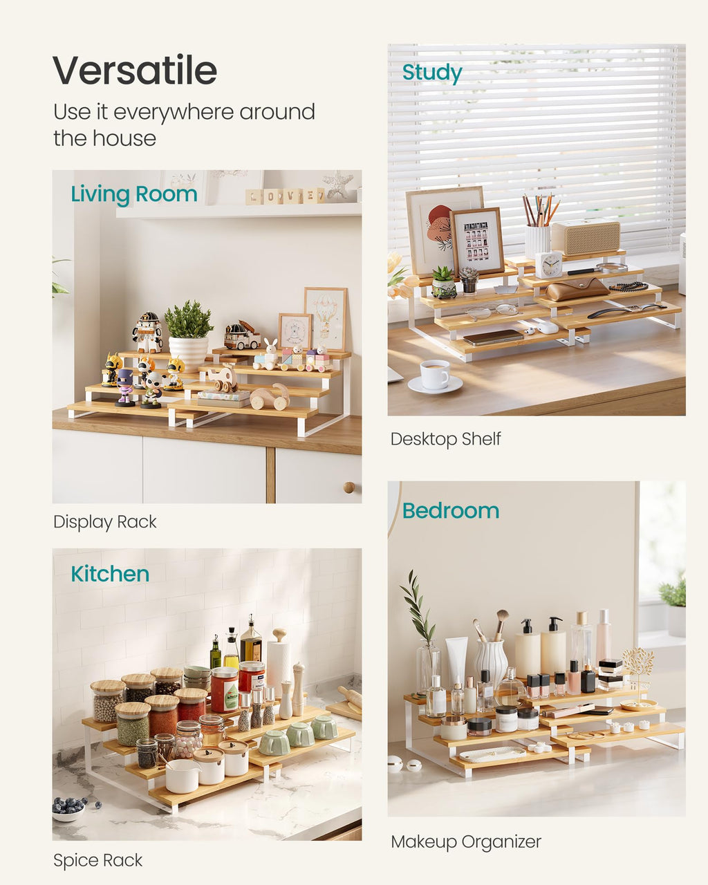 SONGMICS Display Risers, Set of 2 Engineered Wood Perfume Organizer Stand, 4-Tier Cupcake Stand Holder, Spice Rack, Shelf Risers for Figures, Dessert Shelves, Natural Beige and Cloud White UKCS216N02