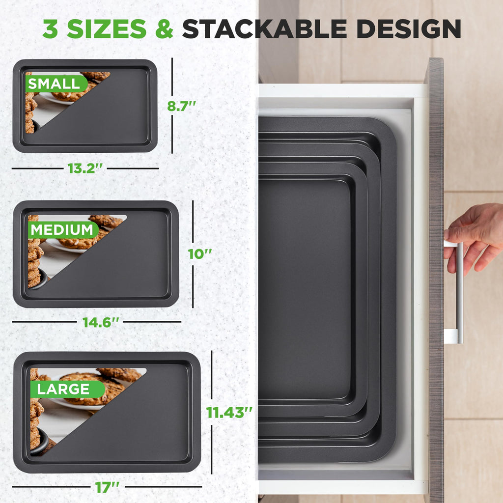 NutriChef, Baking Sheet, Baking Pan, Cookie Sheets, Baking Set, Baking Tray, Sheet Pan, Nonstick, Professional Quality, 3 Piece Set, Stackable, Black