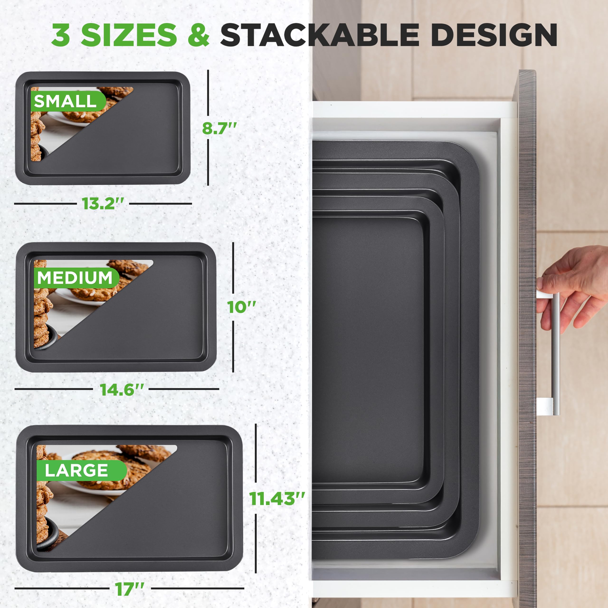 NutriChef, Baking Sheet, Baking Pan, Cookie Sheets, Baking Set, Baking Tray, Sheet Pan, Nonstick, Professional Quality, 3 Piece Set, Stackable, Black