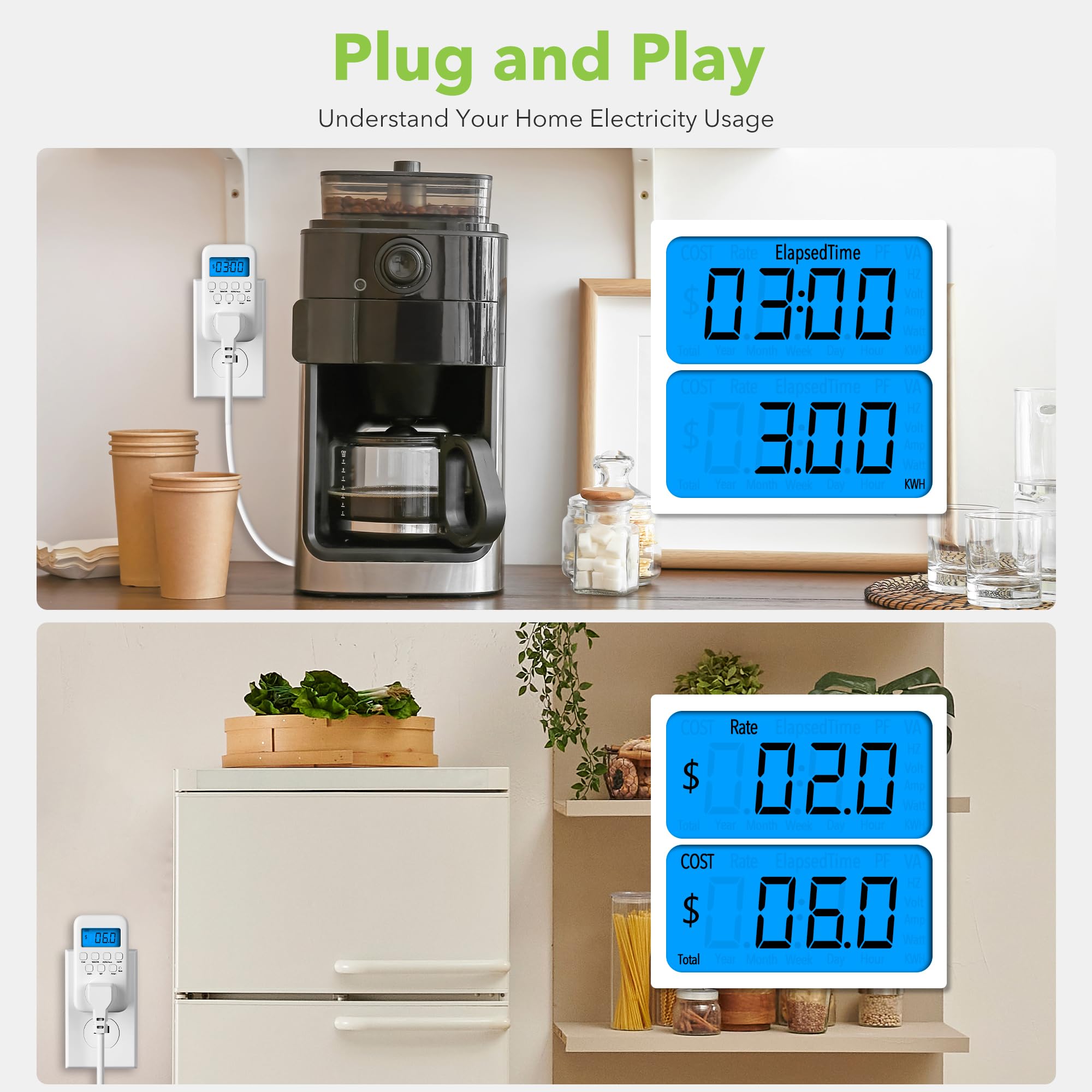 HBN Electricity Usage Monitor LCD Plug in Power Meter Digital Cost Watt/VA KWH/Hour Hz/PH Voltage Amp Meter with Backlight, 9 Display Modes for Energy Saving, Power Consumption Monitor