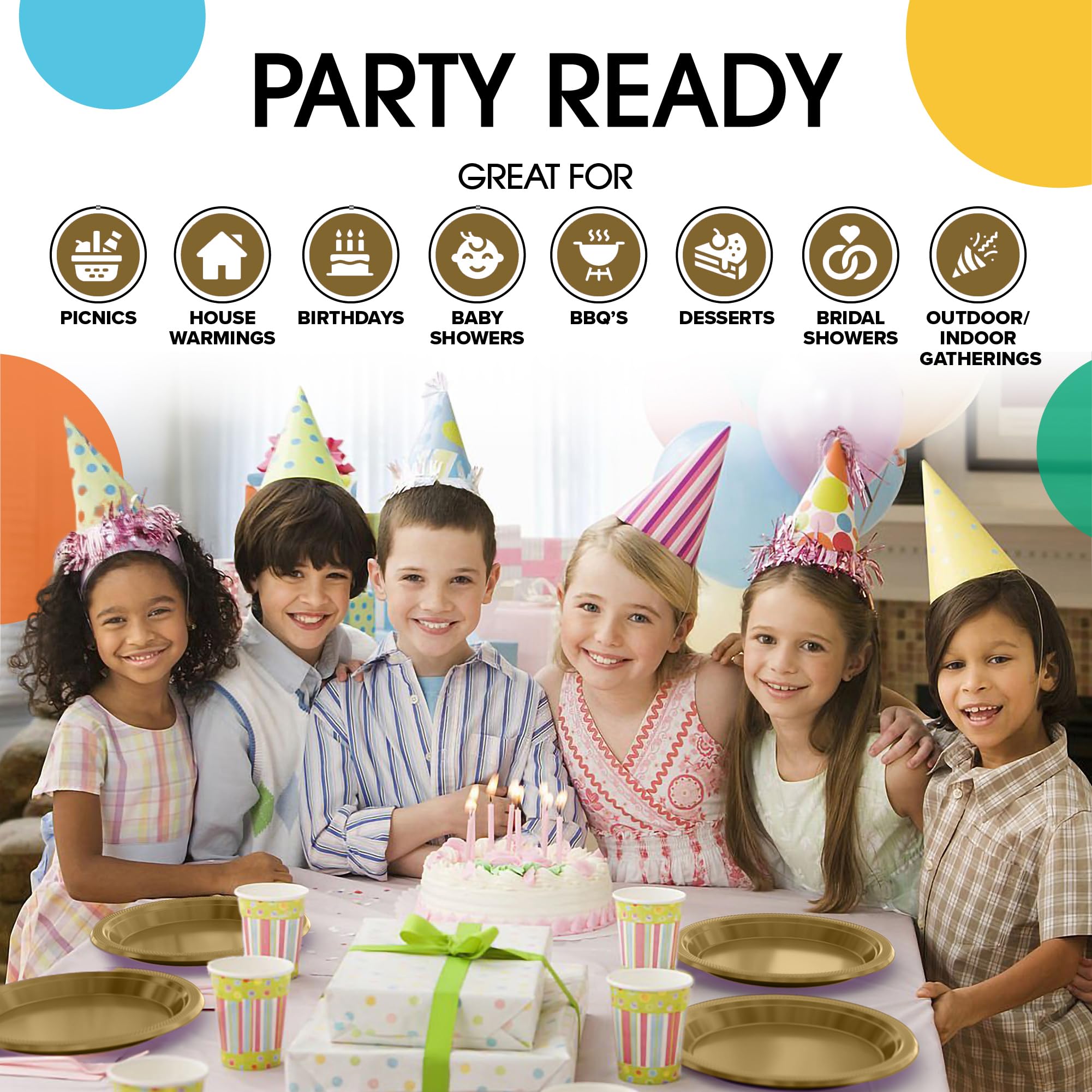Exquisite Gold Plastic Plates for Party 7" Gold Disposable Plates for Party Supplies 50 Pcs Disposable Dinner Plate Heavy Duty 350 GSM Plate Sets, Plastic Dinnerware Sets