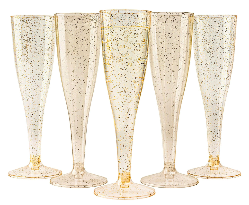 MATANA 48 Premium Plastic Champagne Flutes Gold Glitter 5 oz/ 133ml - Reusable Toasting Glasses for Cocktails, Dessert, Prosecco Mimosa Glasses for Wedding, Birthday, Event, Christmas Parties