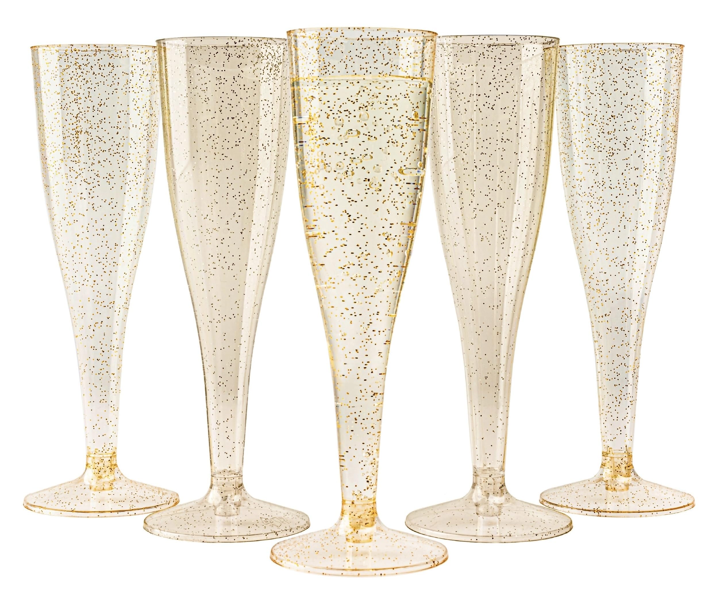 MATANA 48 Premium Plastic Champagne Flutes Gold Glitter 5 oz/ 133ml - Reusable Toasting Glasses for Cocktails, Dessert, Prosecco Mimosa Glasses for Wedding, Birthday, Event, Christmas Parties