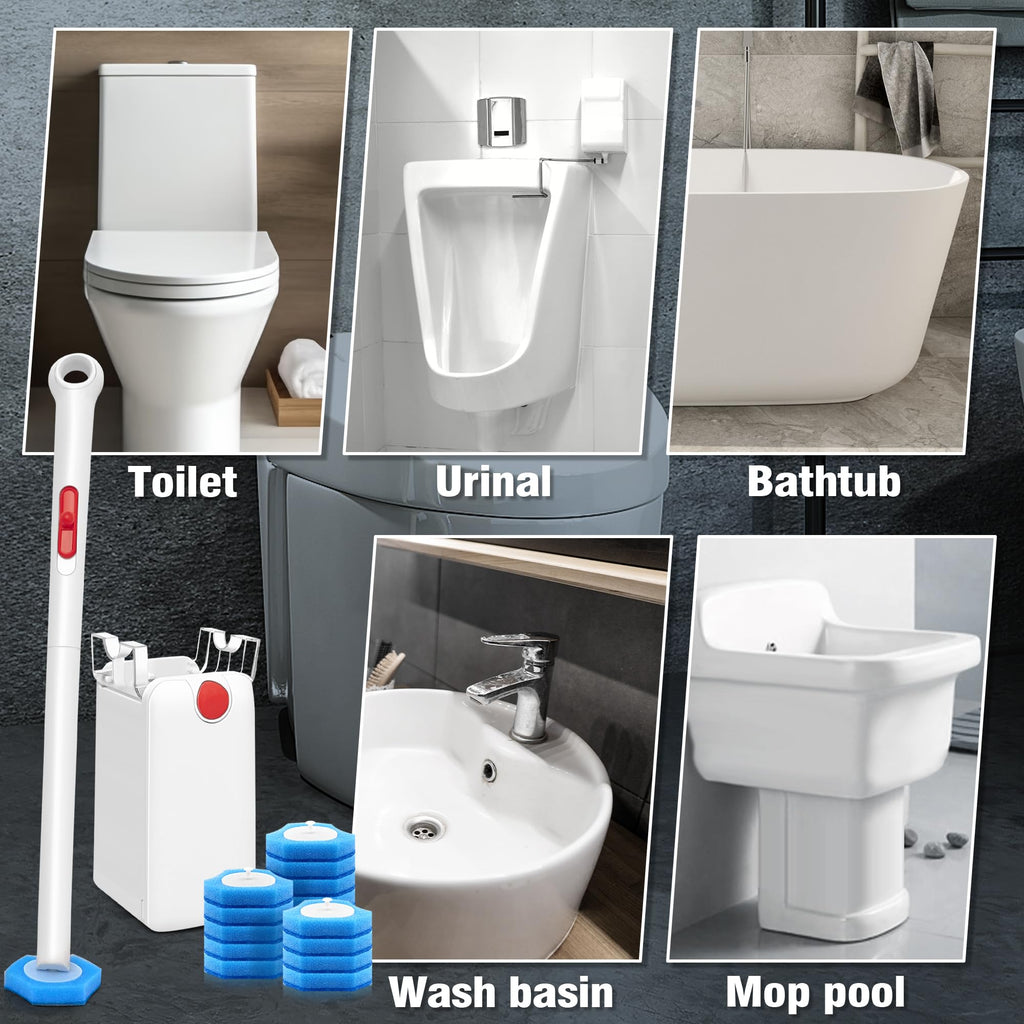 JEHONN Disposable Toilet Bowl Cleaner Brush with Upgraded Clamping System, Wall Mounted Bathroom Scrubber Wand and Holder Set for Bathtub Sink Wash Basin, 16 Refills