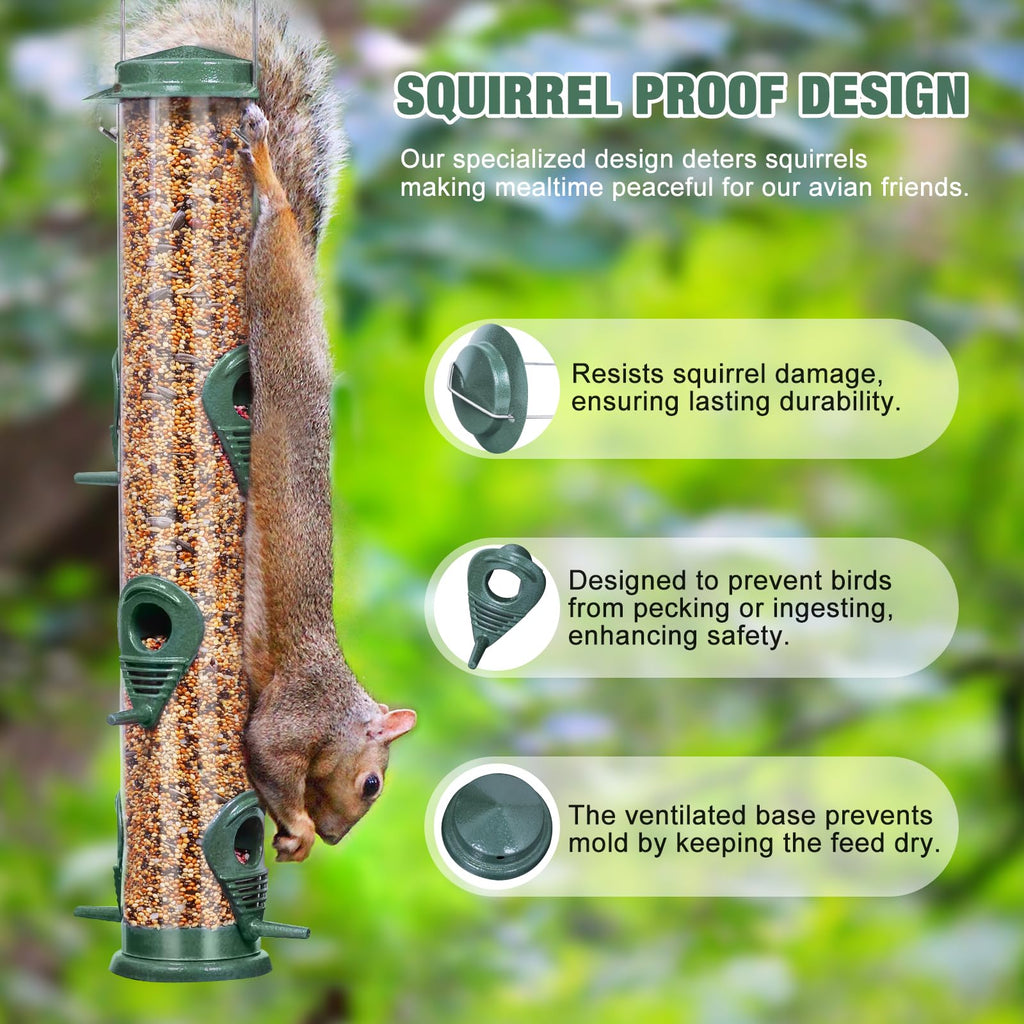 ERYTLLY Metal Bird Feeders 6 Port Tube Bird Feeder for Wild Birds, 1.4mm Extra Thick Solid Tube Transparent with Steel Hanger Bird Feeders Squirrel Proof for Outside Green