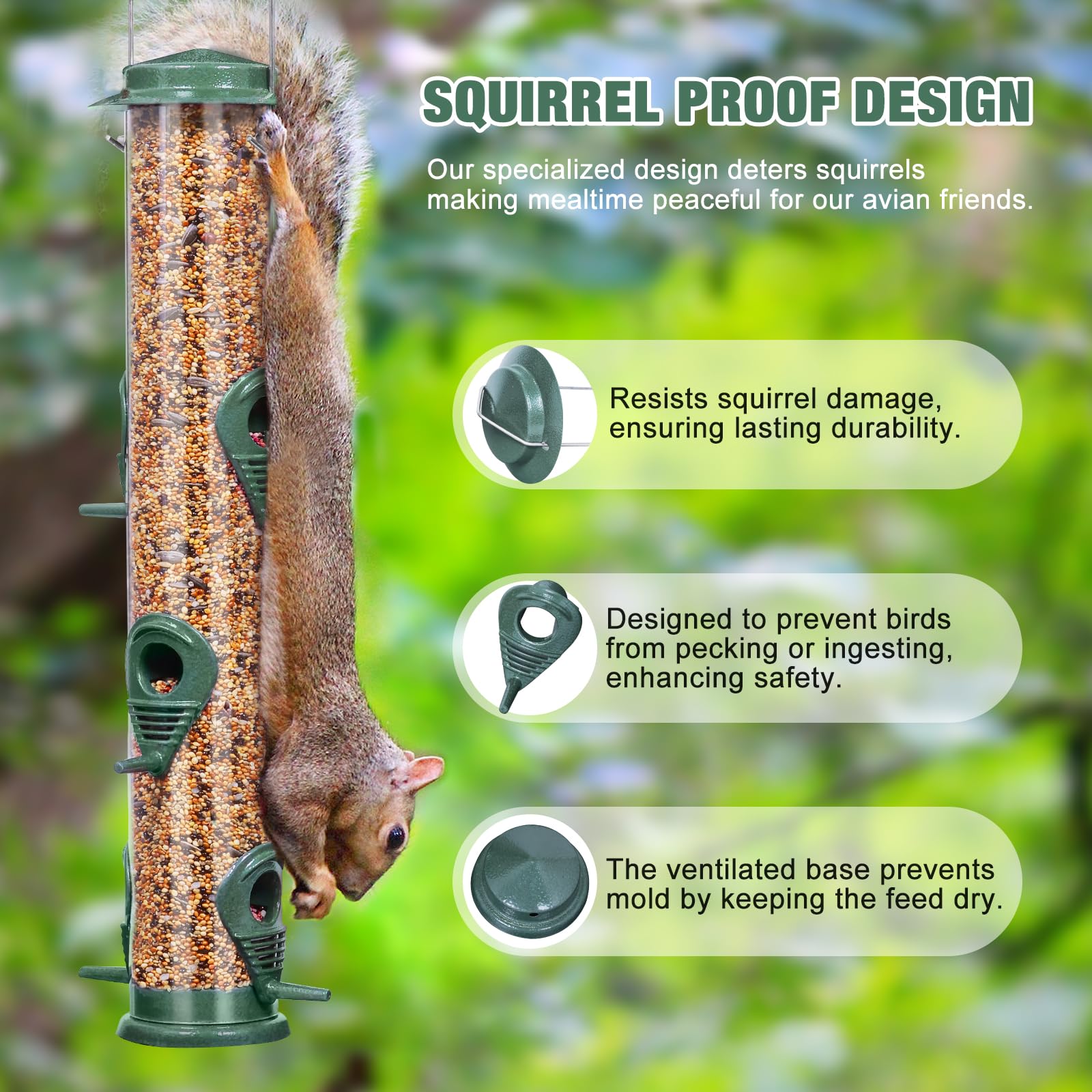 ERYTLLY Metal Bird Feeders 6 Port Tube Bird Feeder for Wild Birds, 1.4mm Extra Thick Solid Tube Transparent with Steel Hanger Bird Feeders Squirrel Proof for Outside Green