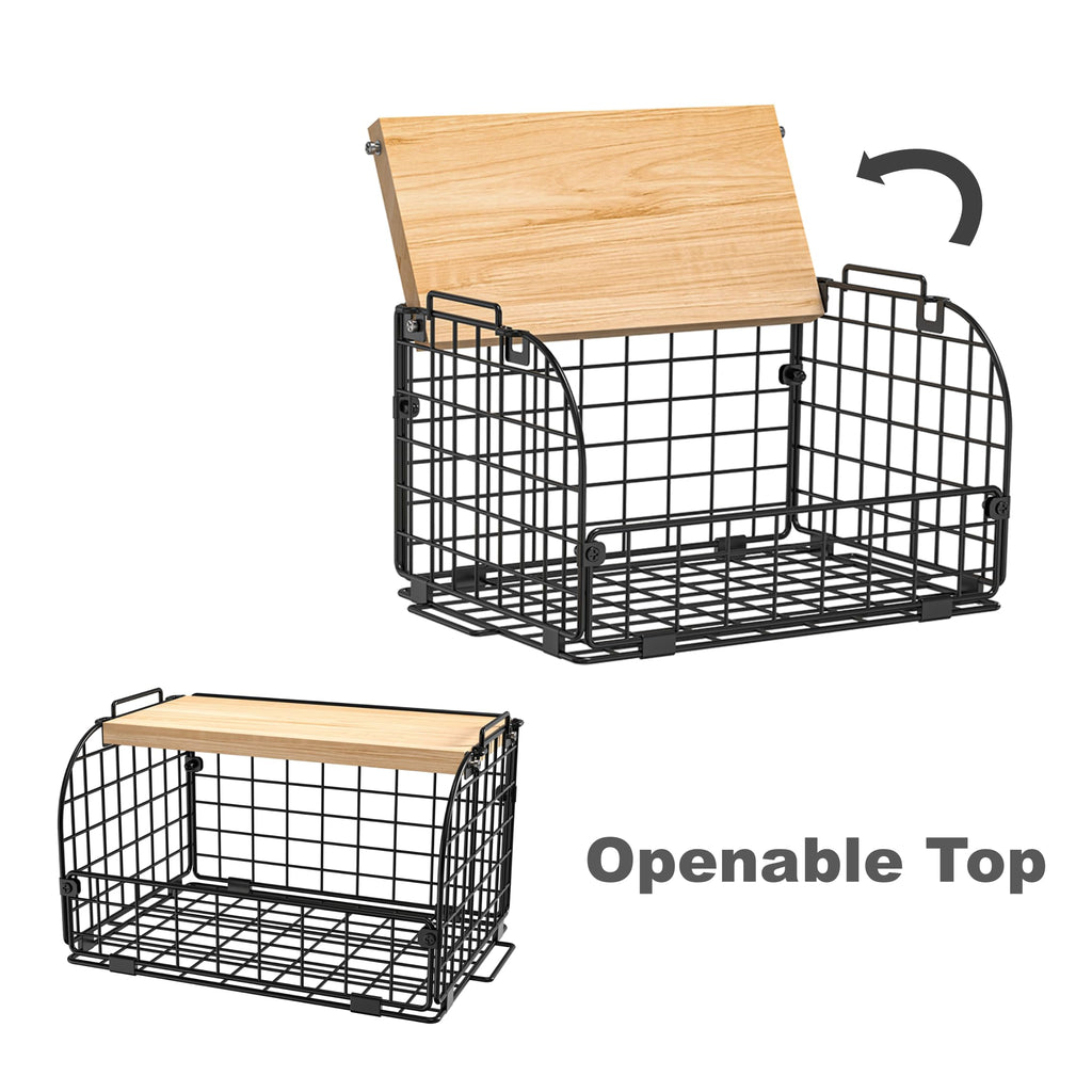 2 Set Stackable Wire Basket with Openable Top, Kitchen Counter, Pantry Organizer and Storage Produce Onion Potato Fruits Vegs Bread Food Snack Spice Organizing Bin for Cabinet Shelf Countertop Floor