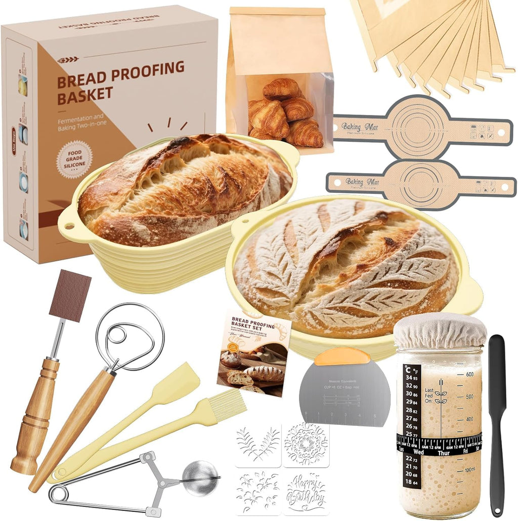 30 Pcs Sourdough Starter Kit,MQFORU Sourdough Bread Baking Supplies with 10" Round & 10" Oval baskets,Silicone Sourdough Bread Kit,Sour Dough Starter Kits for Bakers Wife Mom Women (Creamy yellow)