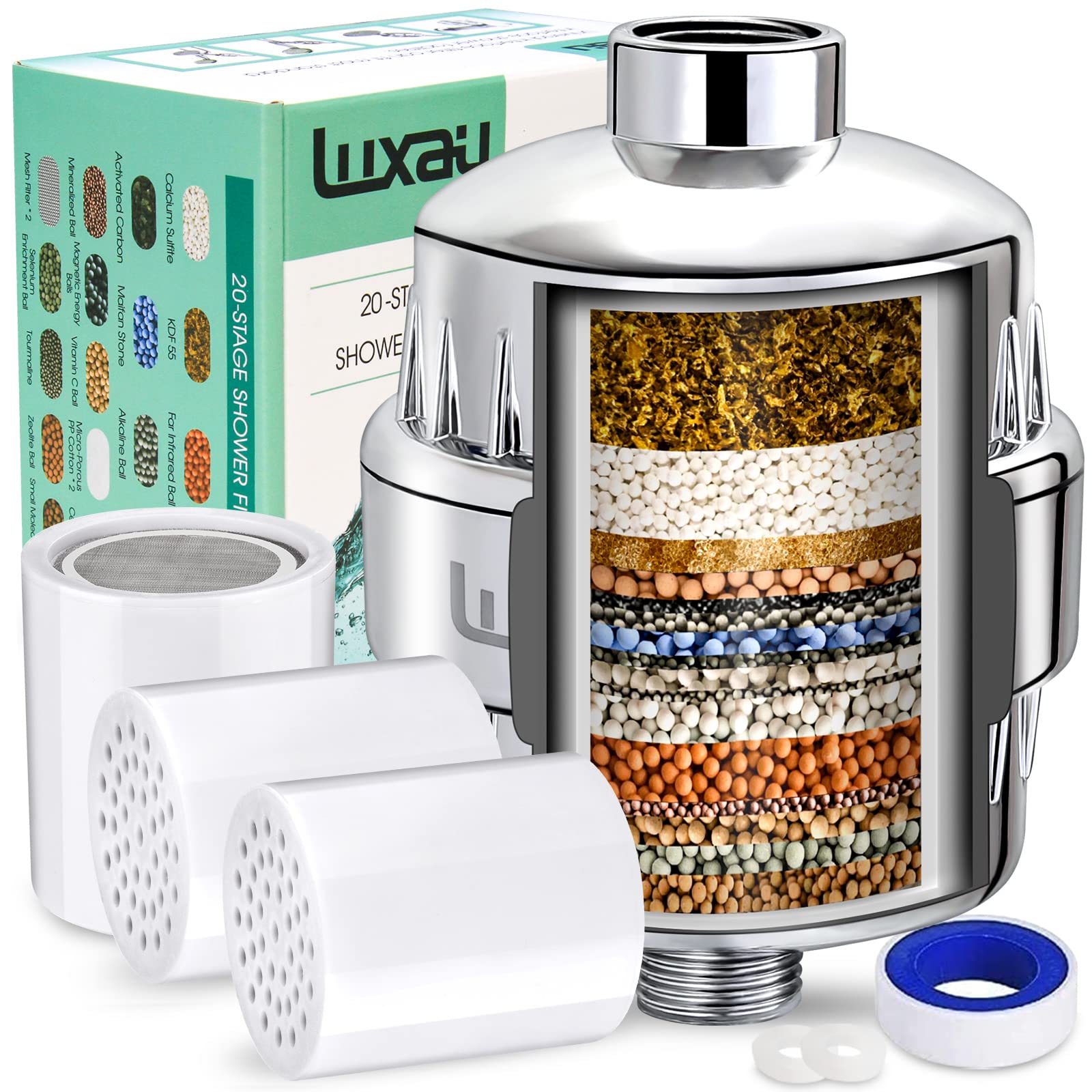 20 Stage Shower Filter w/ 3 Cartridge, Shower Head Filter, Reduce Well Hard Water Chlorine Heavy Metal & Impurity, Improve Skin Hair, Fit Most Handheld Showerhead Fixed Rainfall, Chrome