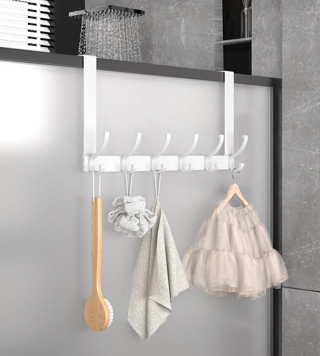 KitchLife Over The Door Hooks, Thickened Double Hanger with 7" Extended Brackets, Fits 1 3/8" Doors, FC, Bathroom Bedroom Towel Rack Organization, 1 Pack Glossy White with 12 Hooks