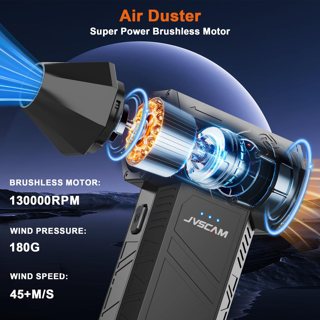 JVSCAM X3 Compressed Air Duster - Electric Air Duster with Brushless Motor,3 Gear Adjustable - Mini Air Blower- Rechargeable Air Duster for PC, Keyboard, Car,Outdoors,Home,Snow and Leaves Clearing