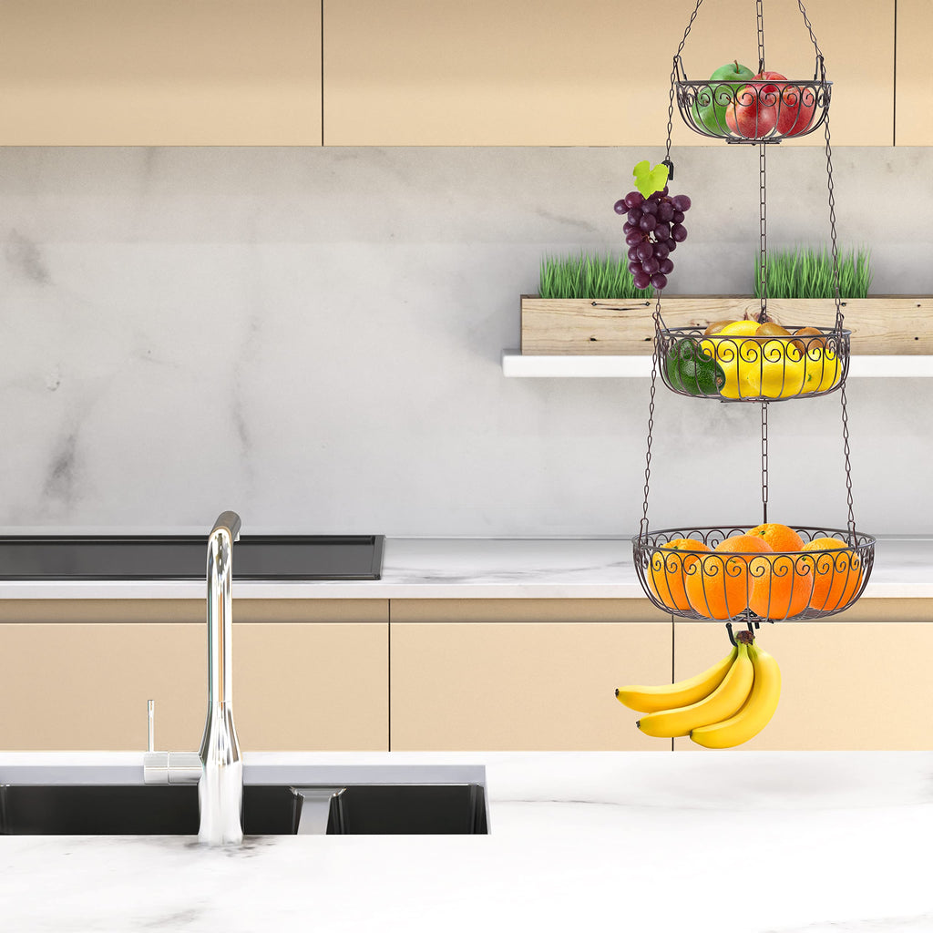 Simple Houseware 3-Tier Hanging Fruit Basket, Round, Bronze