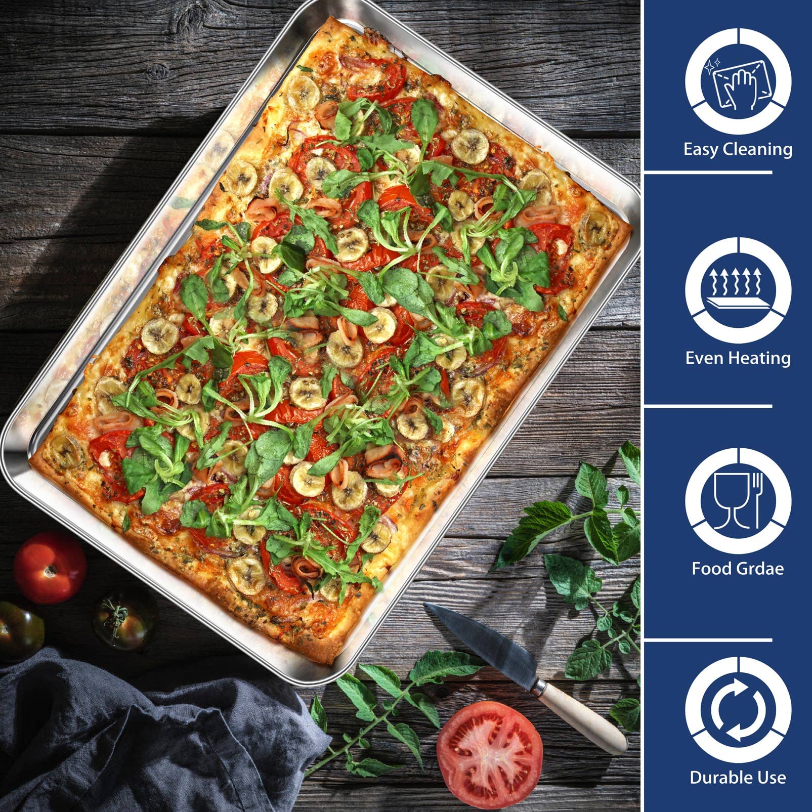 P&P CHEF Baking Cookie Sheet, Stainless Steel Baking Pan Oven Tray, Rectangle 17.3” x 13” x 1”, Non Toxic & Durable Use, Mirror Finished & Dishwasher Safe