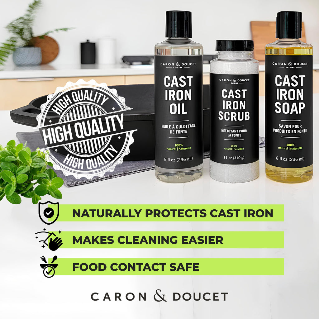 Caron & Doucet -Ultimate Cast Iron Care Set Seasoning Oil,Cleaning Soap & Restoring Scrub | 100% Plant-Based & Best for Cleaning,Washing,Restoring & Seasoning Cast Iron Skillets,Pans,Grills and More!