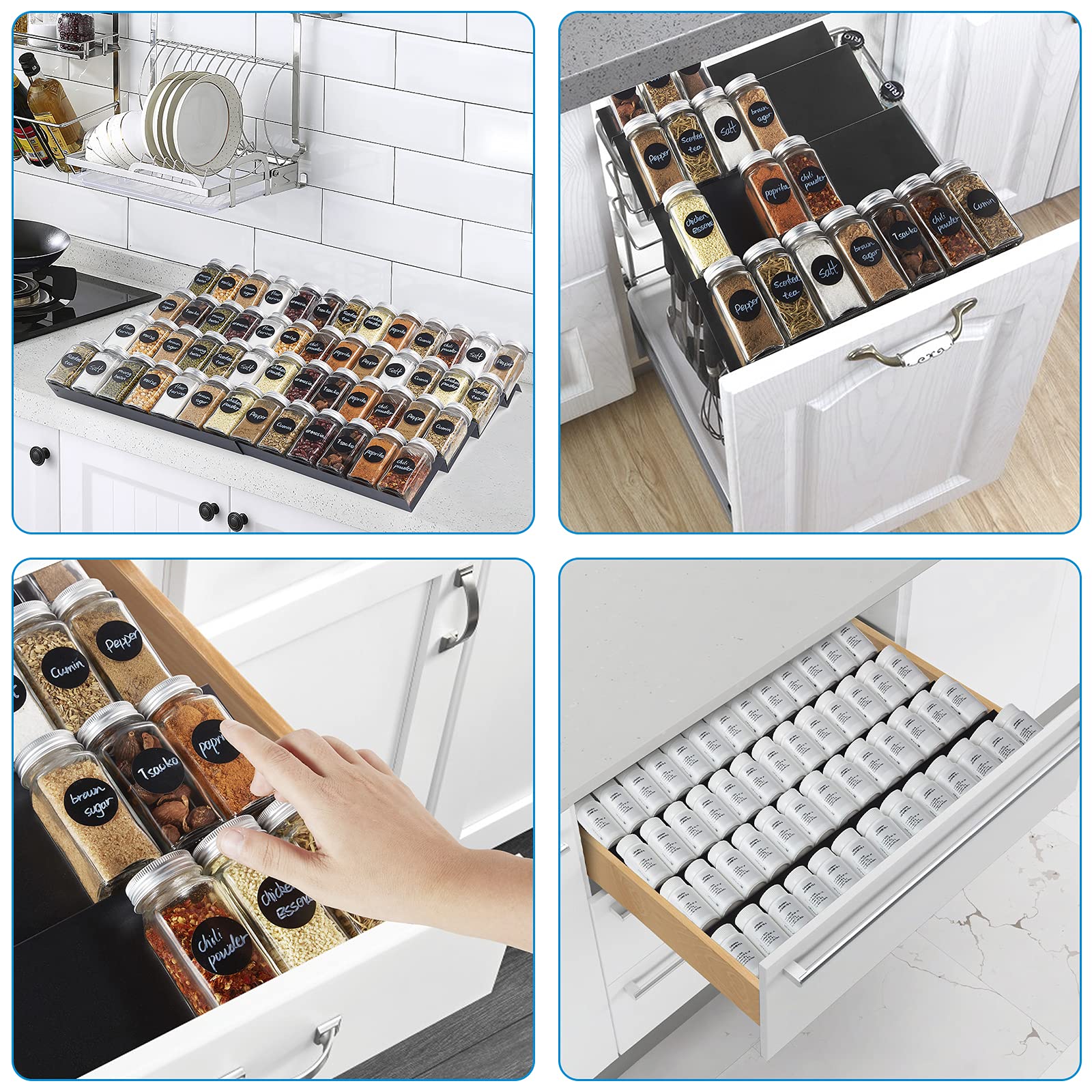 DEWVIE Spice Rack Tray for Drawer - Expandable 13" to 26" Tray Insert, Adjustable 4 Tier Spice Rack Drawer Organizer for Kitchen Cabinet Drawer, Sturdy Seasoning Jars Storage Rack, Black