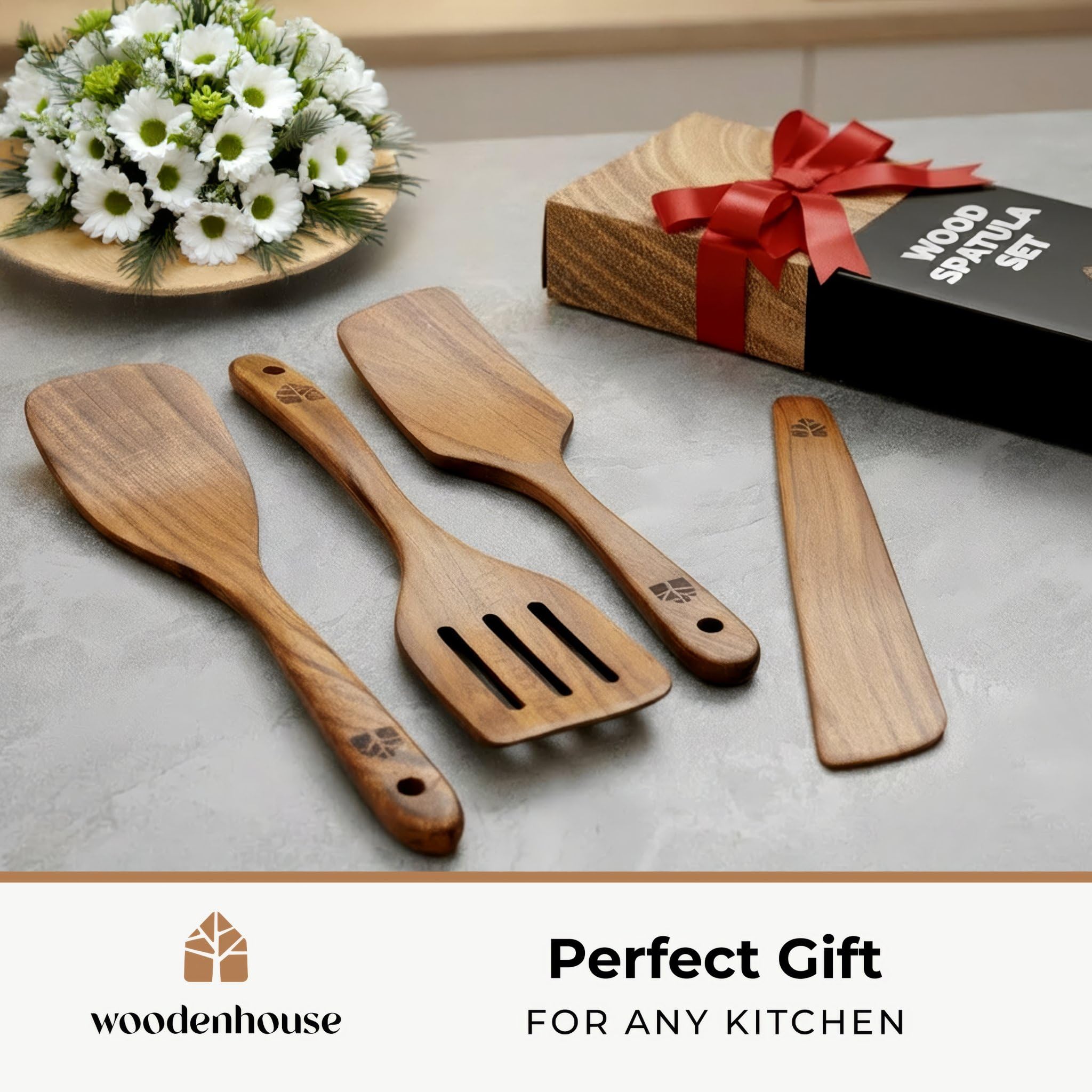 Wooden Spatula for Cooking, Kitchen Spatula Set of 4, Natural Teak Kitchen Utensils Including Paddle, Turner, Slotted Spurtle and Wood Scraper - Nonstick cookware