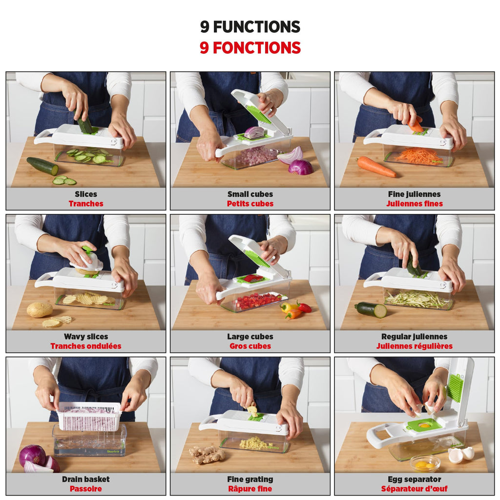 Starfrit Veggie Chopper Dicer Grater Slicer – 15-PC - 7 Interchangeable Blades - 9 Functions - Onion Chopper, Potato Slicer, Carrot Grater, Ginger Grater - Draining Basket and Container
