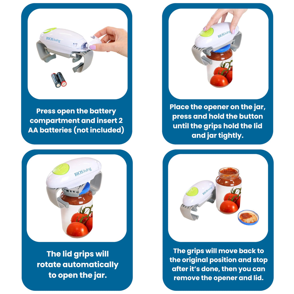 BIOS Living Electric Jar Opener – Automatic Hands-Free Jar Opener for Stubborn Lids, One-Touch Operation, Battery Powered