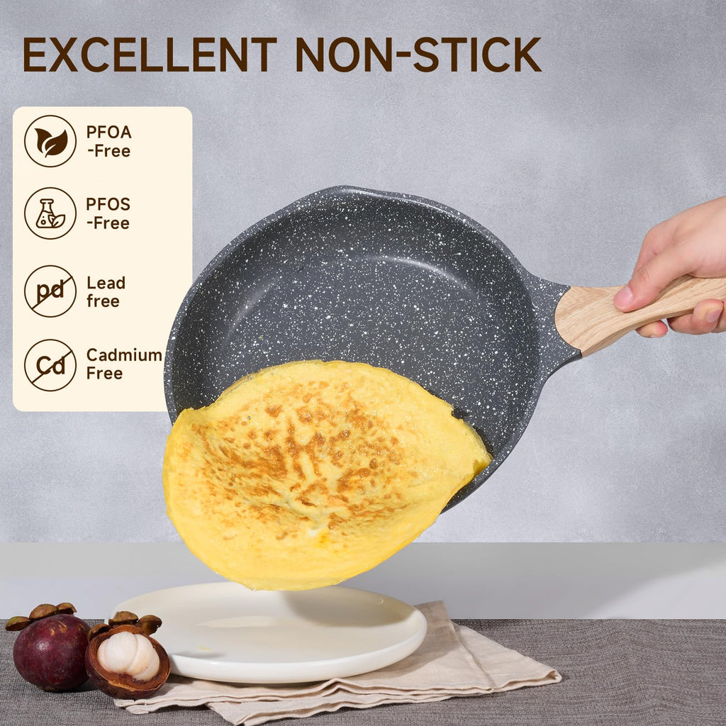 JEETEE 8 inch Nonstick Frying Pan Granite Stone Coating Cookware, Nonstick Omelette Skillet with Soft Touch Handle, All Stove Induction Compatible (Gray)