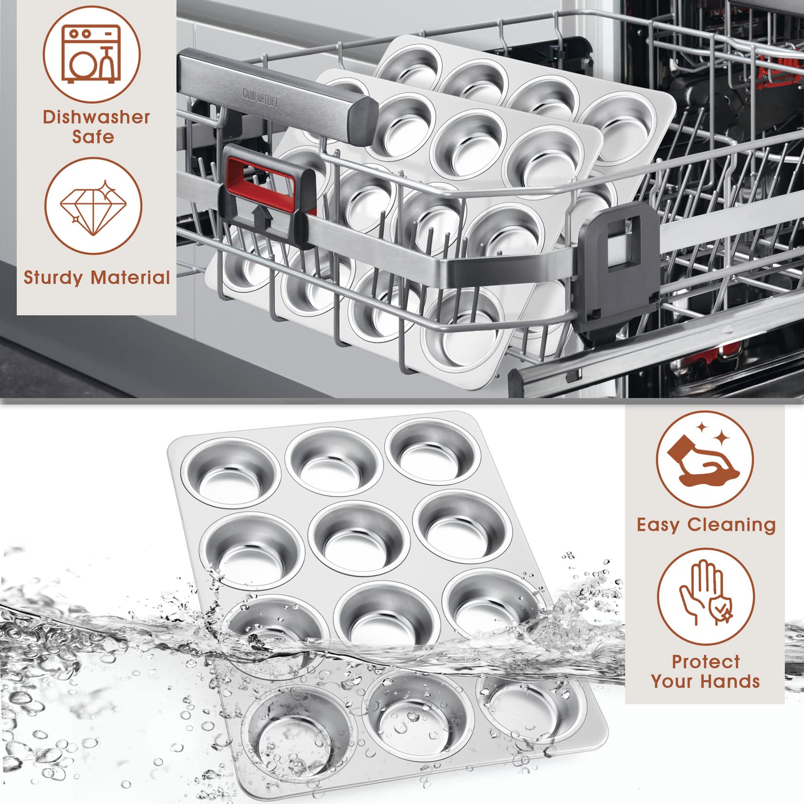 Muffin Pan Cupcake Baking Pan Set of 2, P&P CHEF 12 Cups Muffin Tin Tray, Stainless Steel Muffin Pans for Baking Mini Cake Tart Quiche, Oven & Dishwasher Safe, Non-Toxic & Heavy-Duty