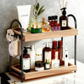 Perfume Organizer & Makeup Stand 2-Tier with 8 Hooks - Large Bathroom Counter Shelf for Vanity Storage, Skincare Display & Cologne Dresser Beauty Holder |Washroom Paulownia Wood Tray (44x18.5x32cm)