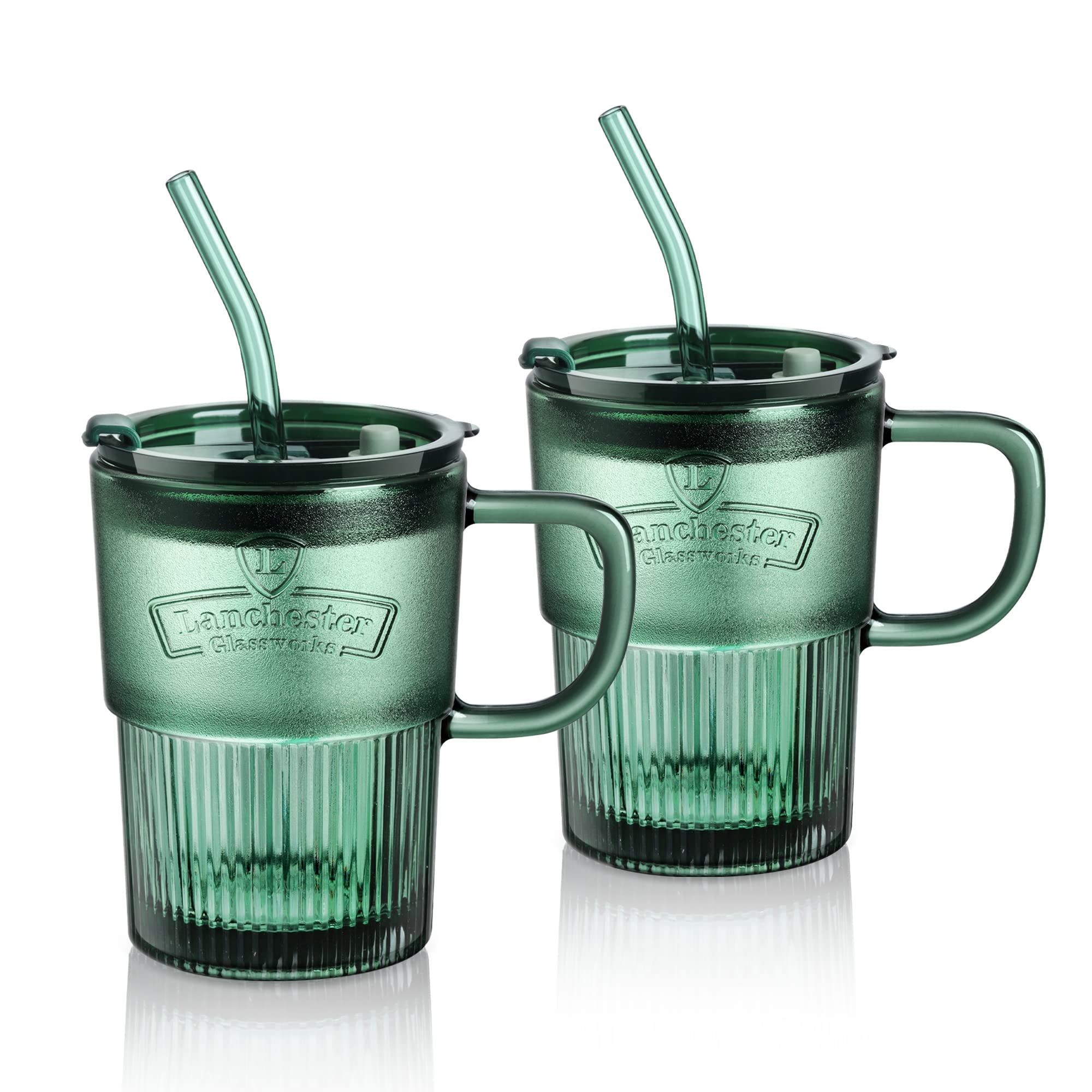 Joeyan Glass Coffee Cup Tumbler with Handle Lid and Straw, Smoothie Iced Coffee Tea Glasses Mug, Green Colored Drinking Jar for Water Juice Beverages Soda Milk, 15oz, Set of 2, Dishwasher Safe