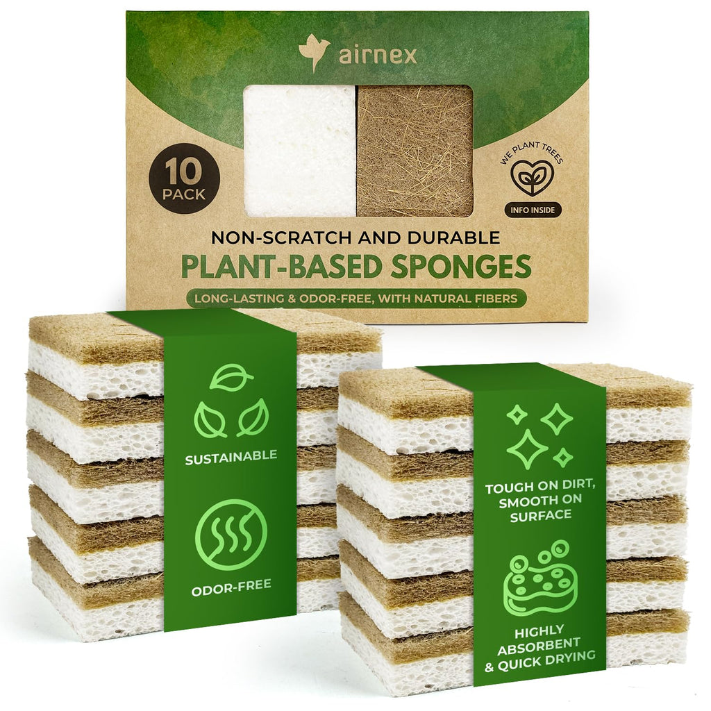 AIRNEX 10 Pack Biodegradable Natural Kitchen Sponges - Eco Friendly Cellulose and Coconut Dish Scrubbers - Odourless, Non Scratch, Dual Sided Multipurpose Sponges