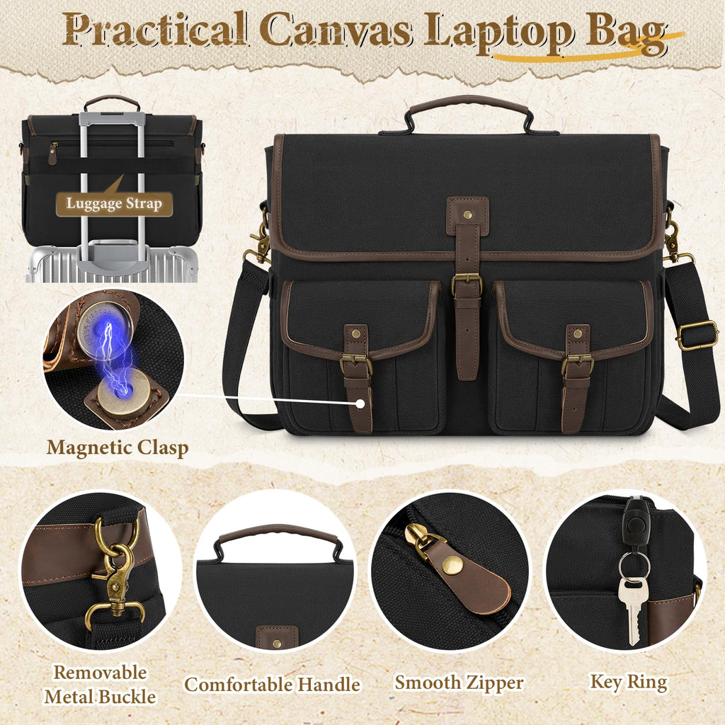 RAINSMORE Canvas Messenger Bag Men 17.3 Inch Laptop Bag Waterproof Computer Briefcase Retro Satchel Bag Large Shoulder Bag