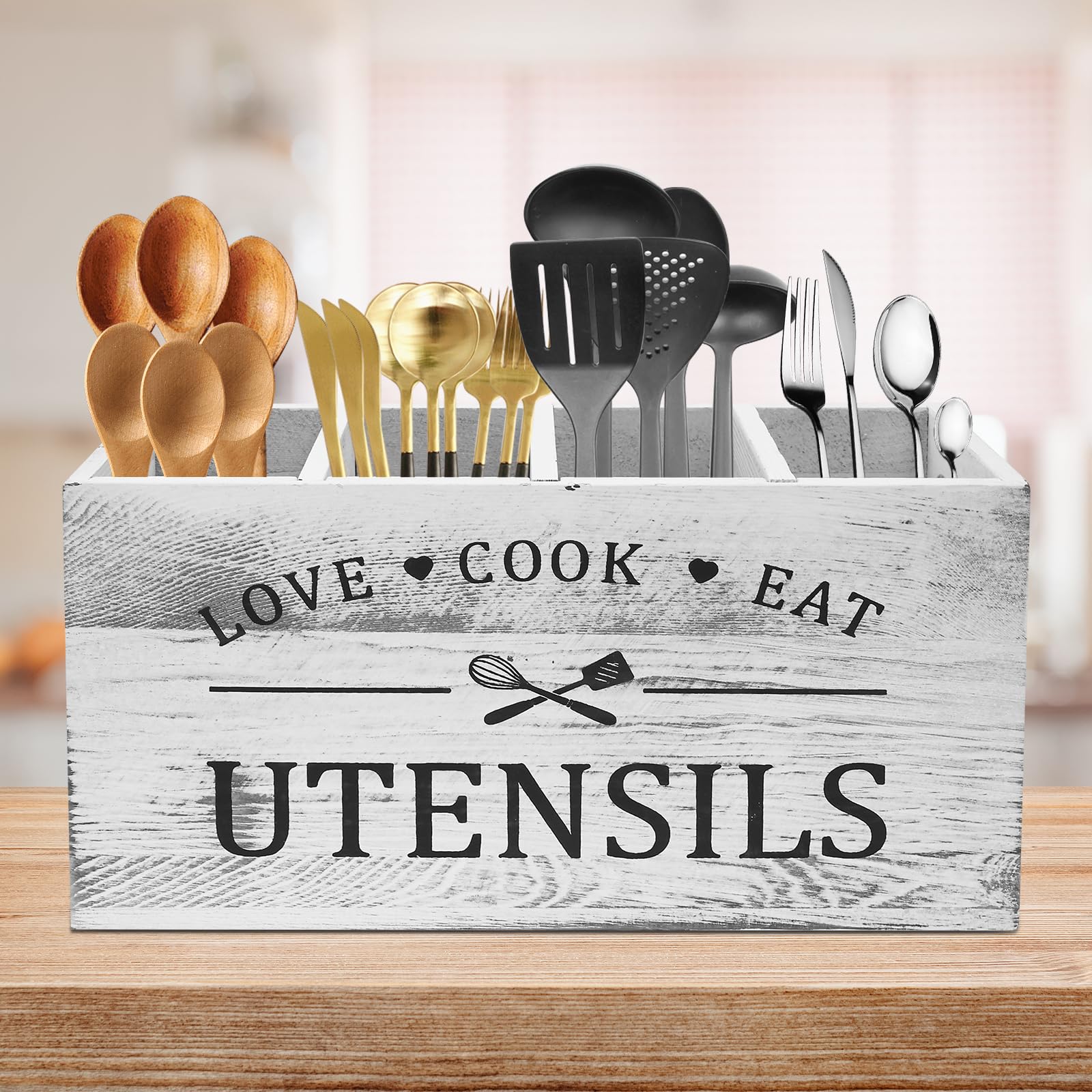Wooden Kitchen Utensil Holder with 4 Compartments, Wooden Utensil Organizer with Drainage Bottom, Cooking Storage Utensils Caddy for Farmhouse Countertop Decor, 11.8 x 4.5 x 5.9 Inch (Burlywood)
