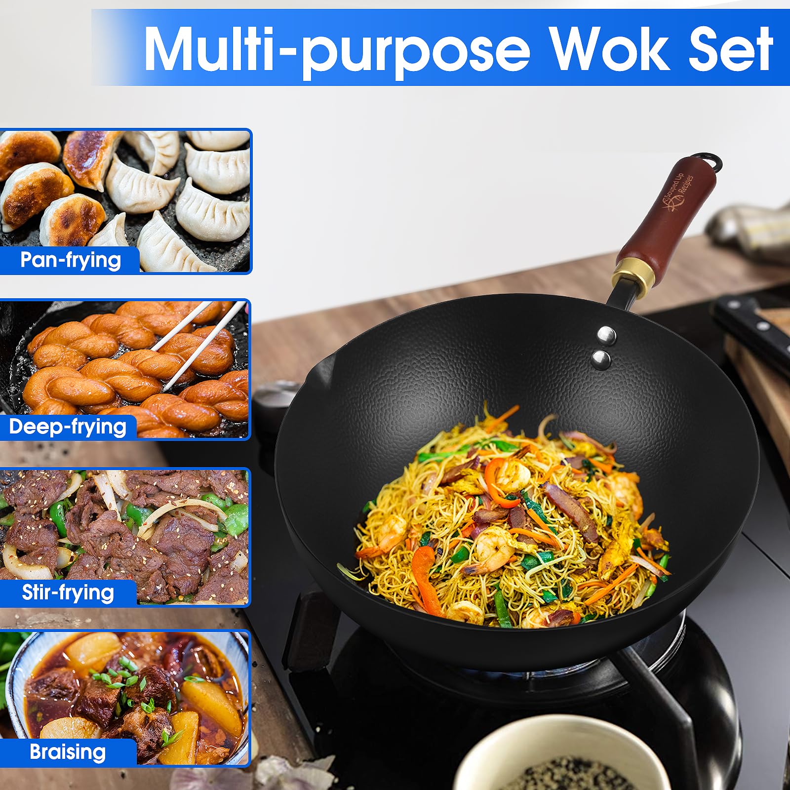Souped Up Recipes 10 Inch Carbon Steel Wok for Electric, Induction and Gas Stoves (Lid and User Guide Video Included)