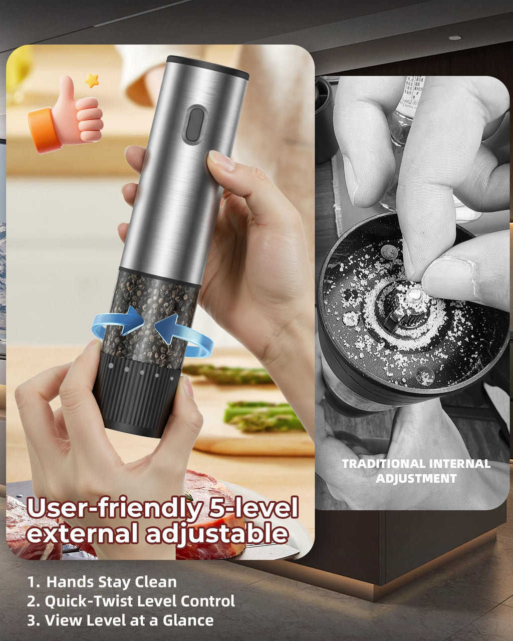 Salt and Pepper Grinder Set, Automatic Salt and Pepper Grinder, USB-C Rechargeable with 5 Adjustable Coarseness, One Hand Operation