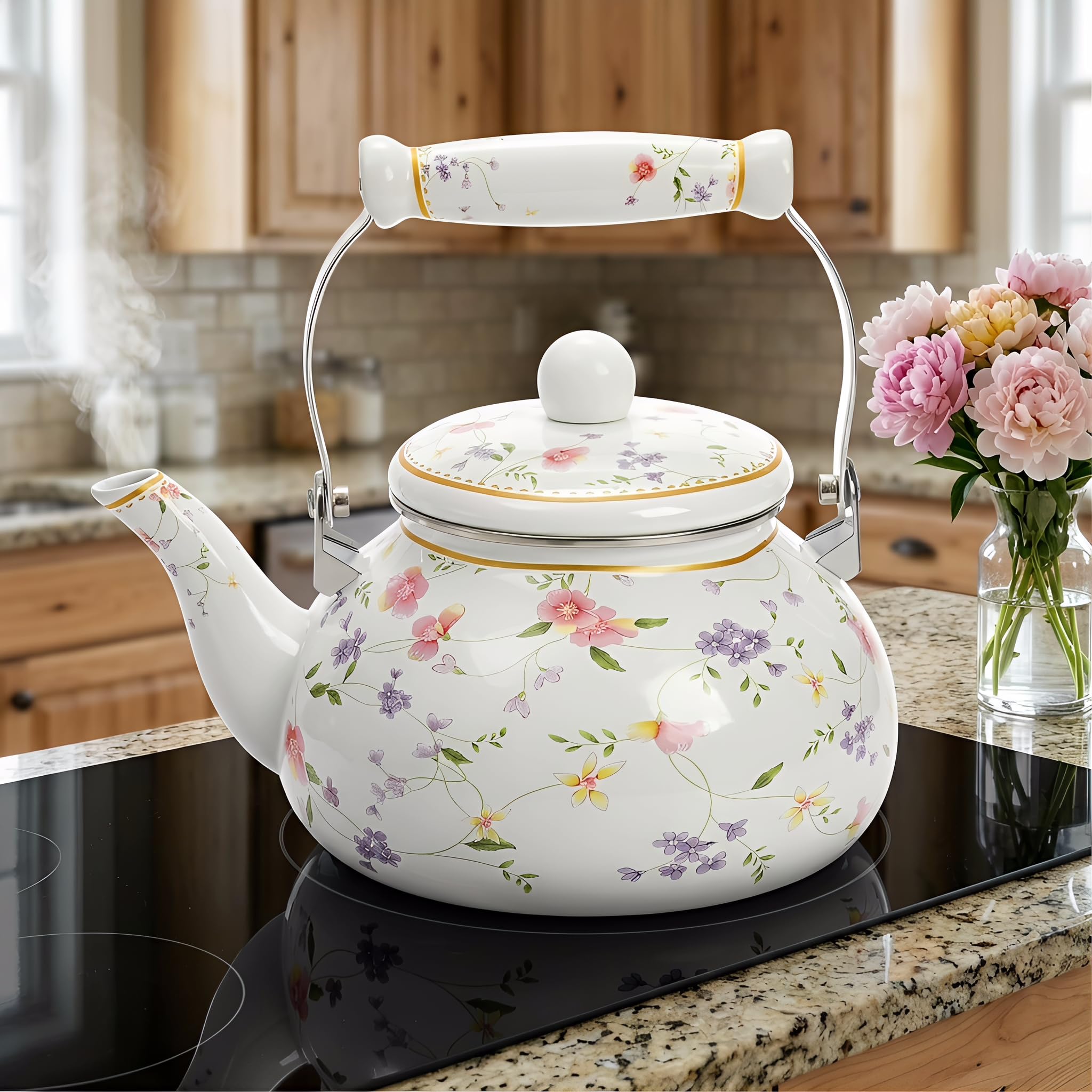 Jucoan Vintage Enamel Tea Kettle, 2.6 Quart Floral Enamel Water Kettle Teapot with Porcelain Handle for Stovetop Home Kitchen Camping, Housewarming Wedding Bridal Shower Gift