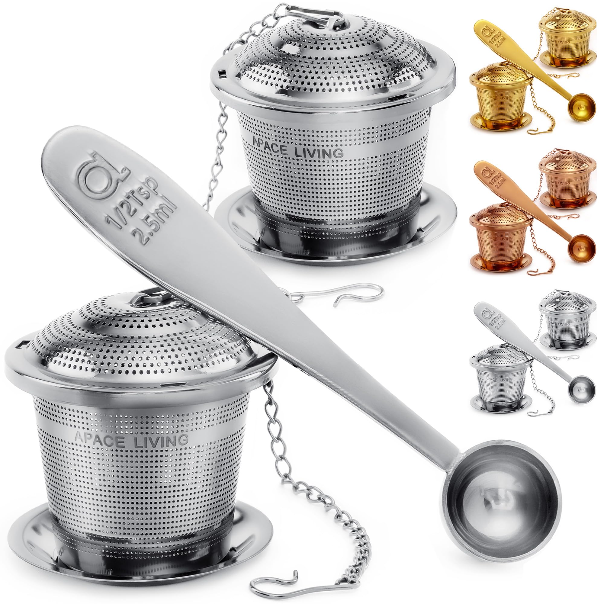 Apace Loose Leaf Tea Infuser (Set of 2) with Tea Scoop and Drip Tray - Ultra Fine Stainless Steel Strainer & Steeper for a Superior Brewing Experience (Silver, Medium)