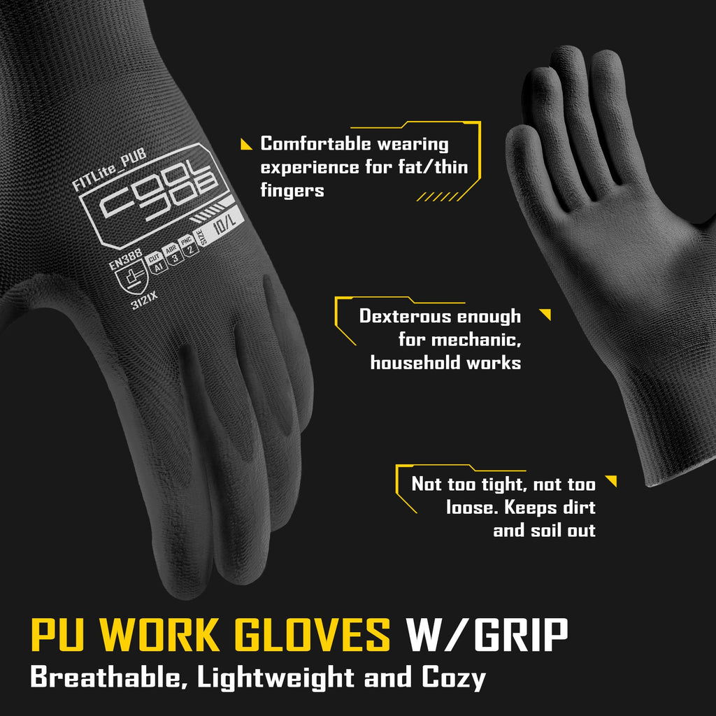 COOLJOB 12 Pairs PU Coated Work Gloves for Men and Women, Breathable Safety Working Gloves with Grip for Construction, Gardening, Cleaning, Mechanics, General Purpose, Black, Size Large L