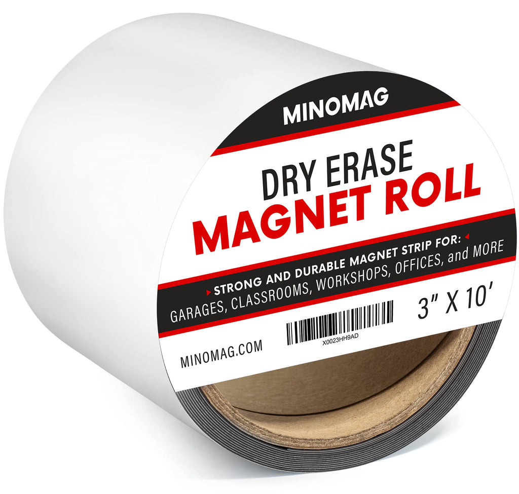 Minomag 3" x 10' Dry Erase Magnet Roll | Strong Magnetic Whiteboard Tape Roll. Cut into Custom Label Strips and Sheets for Fridge or White Board, 3 inch Wide by 10 Foot Long.