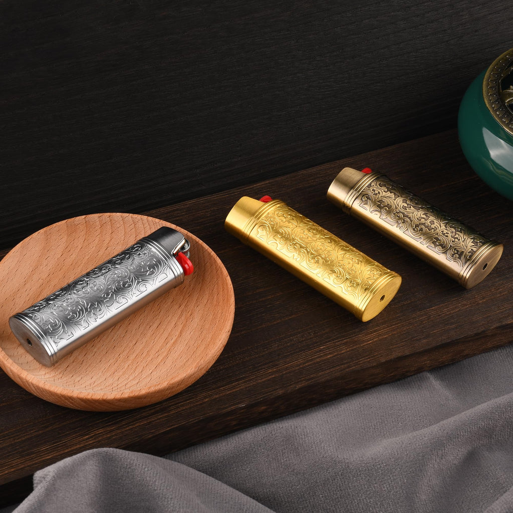 JINMUNIC 2pcs Lighter Case Cover Holder Metal Vintage Floral Stamped Fit for BIC Full J6 Series Lighter