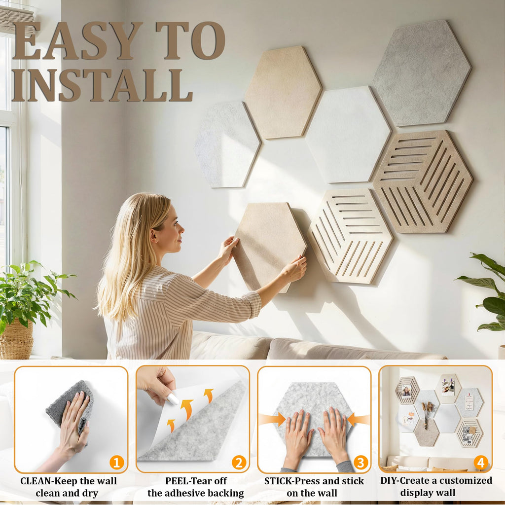 Hexagon Large Felt Bulletin Board Tiles - Cork Board Alternative for Wall 8 Pack Pin Board with 40 Push Pins, DIY Decor for Office Home Classroom Photos Memos