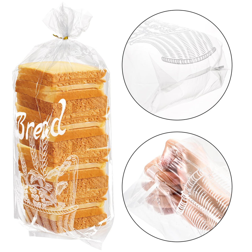 Nicunom 200 Pack Reusable Plastic Bread Bags, Gold Ties, 8” x 4” x 18”, Clear, Sturdy, BPA Free, Perfect for Bread, Bakery, Home Bakers, and Food Service Industries