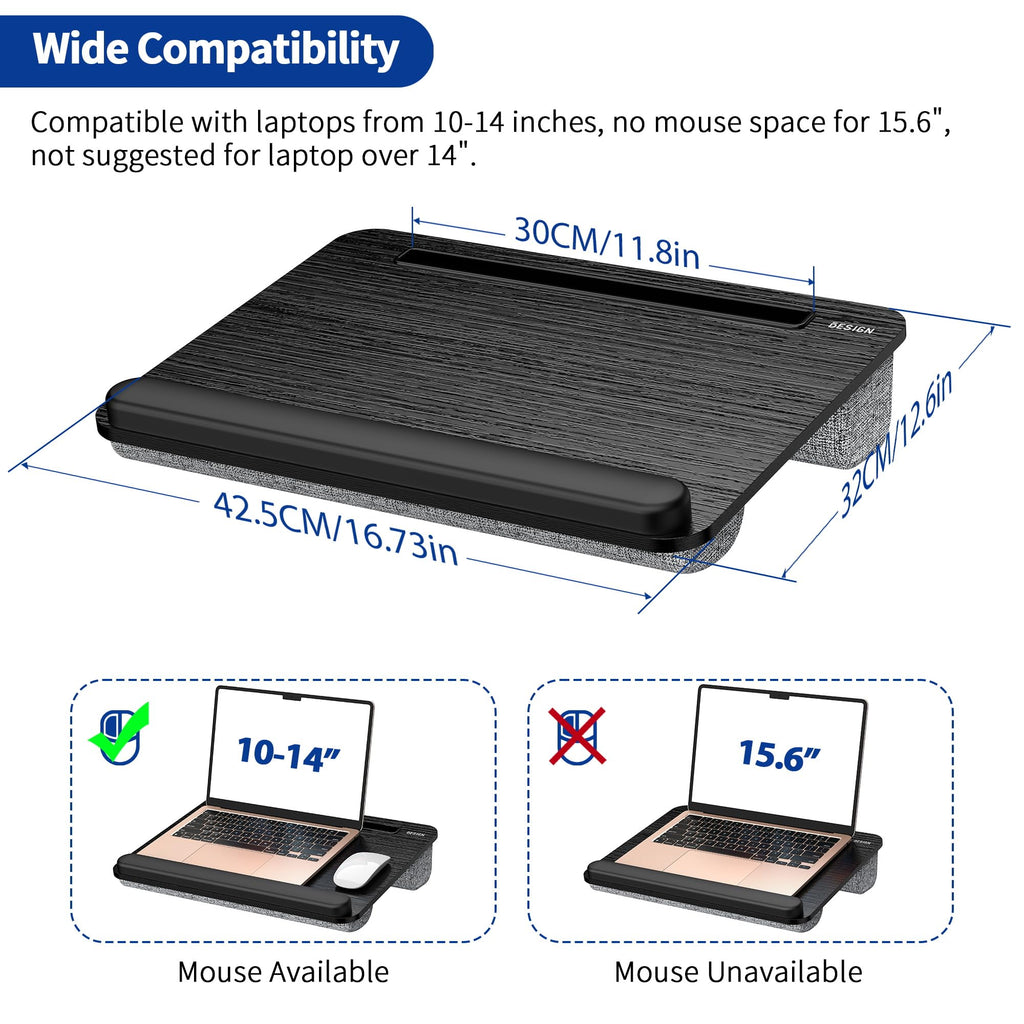 Besign LT08 Laptop Stand, Portable Lap Desk with Pillow Cushion, Fits up to 14 inch Laptop, with Anti-Slip Strip for Desk, Sofa & Bed, Black and Gray
