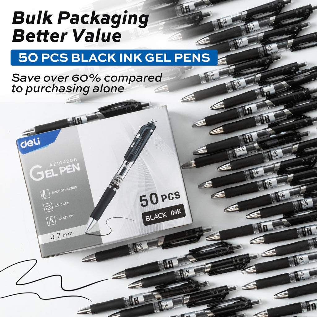 Deli Gel Pens, 50 Pcs Retractable Pens Black Ink, Medium Point Pen 0.7mm, Smooth Writing, Fast Dry, No Bleed for Journaling Note Taking, Home School Office Supplies
